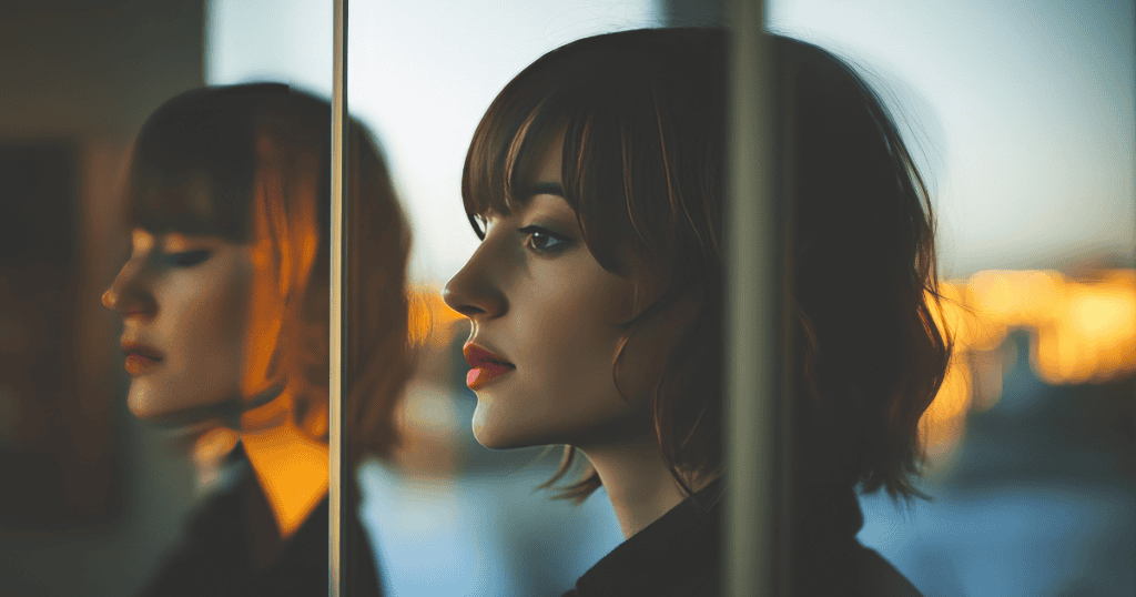 A young woman gazes solemnly through a glass window pane reflecting her contemplative face at sunset, portraying the quiet moment of realizing an entire family structure revolves around pleasing one person.