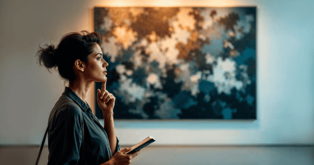 A woman pauses with her hand beneath her chin while looking closely at an abstract painting in a quiet gallery, reflecting the objective clarity that allows you to observe patterns without getting entangled.