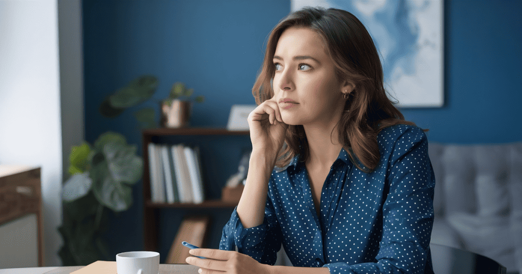 A woman rests her cheek against her hand while gazing thoughtfully into the distance from her desk, depicting the quiet revelation of realizing past arguments were never meant to be resolved.