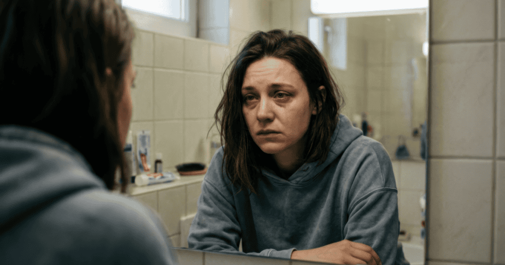 A woman with tear-streaked, exhausted eyes stares at her own reflection in the bathroom mirror, capturing the quiet inner turmoil eating away beneath the surface.