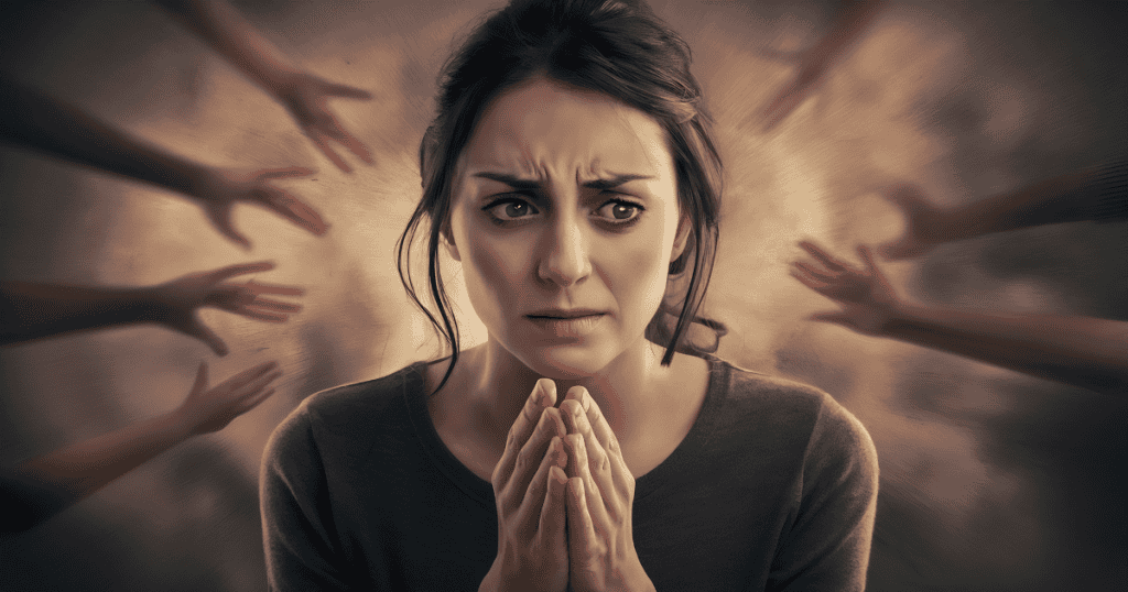 A sorrowful woman clasps her hands in front of her while shadowed arms reach out from the dark around her, illustrating the overwhelming weight of manufactured obligation and unearned guilt.