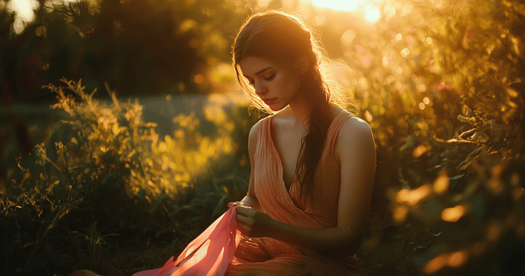 A young woman sits quietly in a sunlit garden gently holding a pink ribbon, reflecting the soft, grounding peace that comes from finally honoring your own inner signals.
