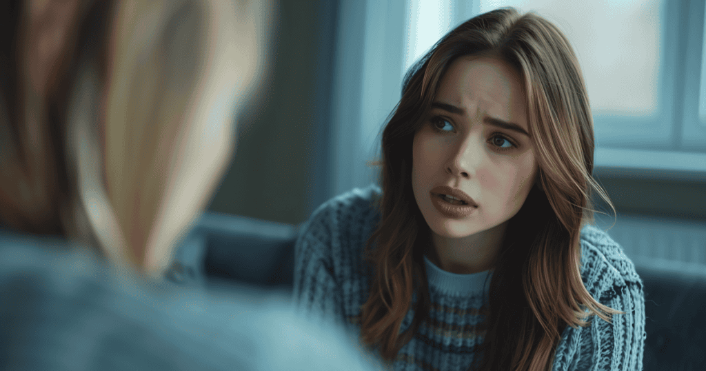 A young woman with a tense, anxious expression scanning the person across from her, showing the exhausting hypervigilance of someone conditioned from childhood to constantly read the room for danger.