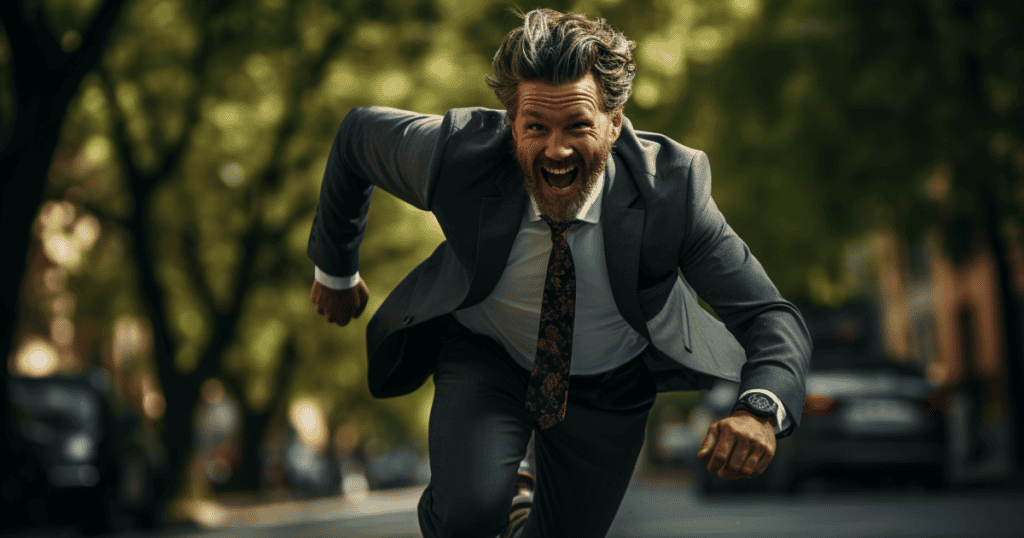 A man in a suit sprints down a tree-lined street with a gleeful grin, capturing how a narcissist seems to dash away from consequences and somehow get away with their behavior.