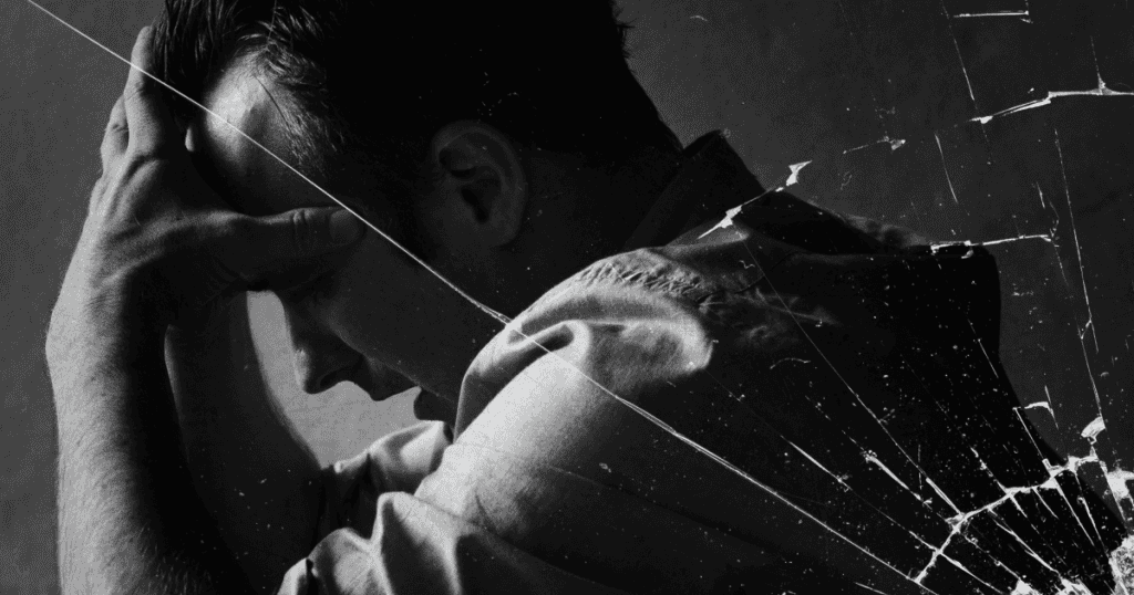 A man bows his head into his hand behind a cracked pane of glass, symbolizing the shattered ego of a narcissist when they’re hit where it hurts most.