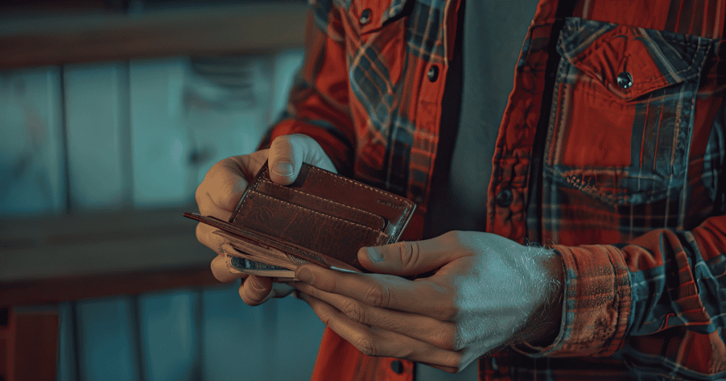 A man in a plaid shirt opens a leather wallet holding a thin stack of cash, hinting at how a narcissist keeps up appearances while hiding how little money they actually have.