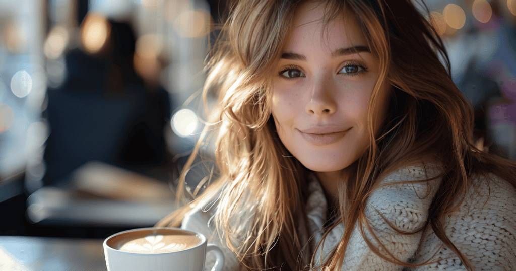 A young woman smiles softly over a latte in a sunlit café, reflecting the peace of knowing that real kindness never asks you to give up yourself.