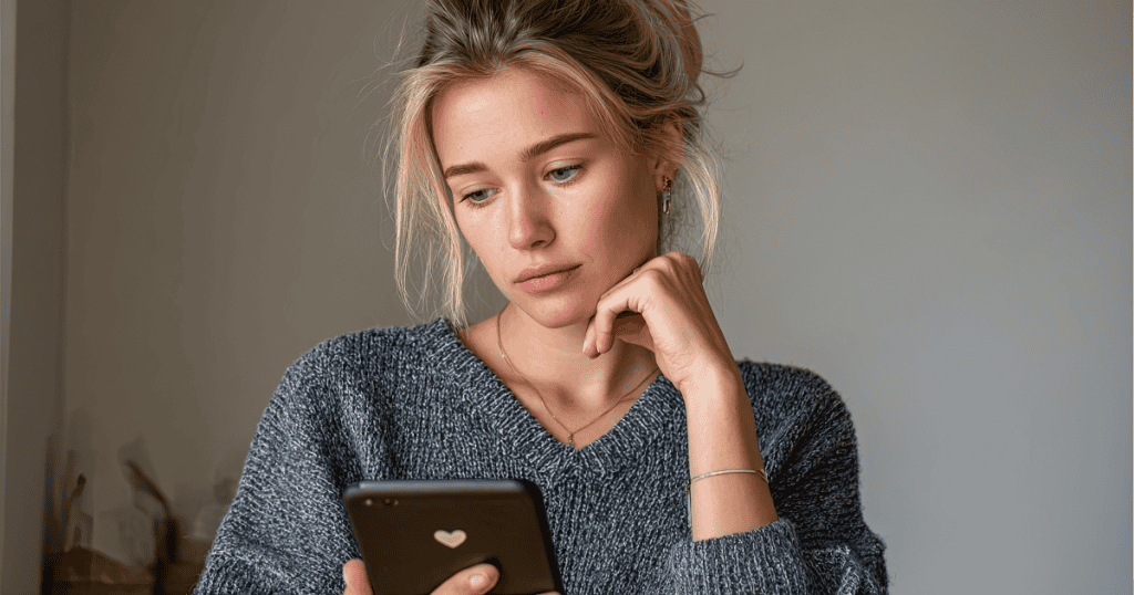 A woman rests her chin on her hand and looks at her phone with a conflicted expression, capturing the struggle of resisting the urge to step in and fix things for a narcissist.