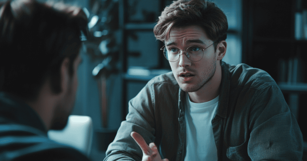 A young man in glasses leans in and gestures intently as he talks to someone across the table, illustrating how a narcissist badmouths the people around them to anyone who will listen.