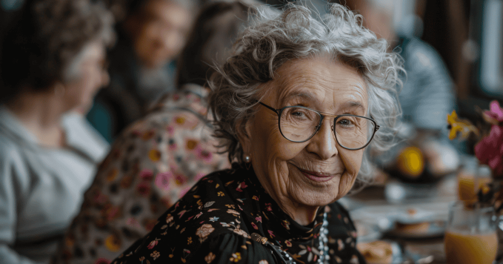 An elderly woman in glasses smiles sweetly at a crowded gathering, illustrating the gap between a narcissist’s desire to look kind and the genuine wish to be kind.