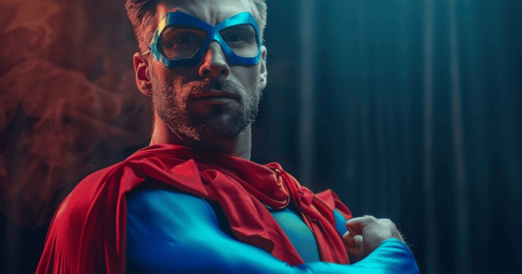 A man in a mask and red cape poses with a self-assured stare, symbolizing the hero image a narcissist works to protect while leaving damage in everyone else’s lives.