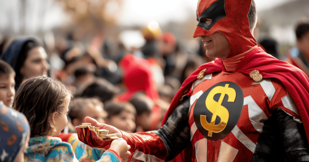A masked man in a red superhero costume with a dollar sign hands out gold coins to a crowd of children, illustrating how a narcissist’s generous hero act is staged for public admiration rather than genuine care.