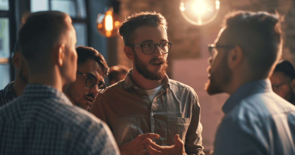 A bearded man in glasses explains something earnestly to a group of attentive listeners, illustrating how a narcissist retells events starting from the middle, leaving out their own role so you look like the one at fault.