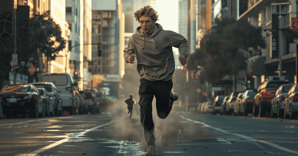 A man sprints down a city street kicking up dust behind him, symbolizing how a narcissist slips away from accountability by hiding behind technicalities.