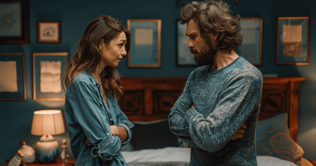 A man with crossed arms glares down at a woman who looks back at him uneasily in their bedroom, reflecting how a narcissist provokes you in subtle ways that no one else ever sees.