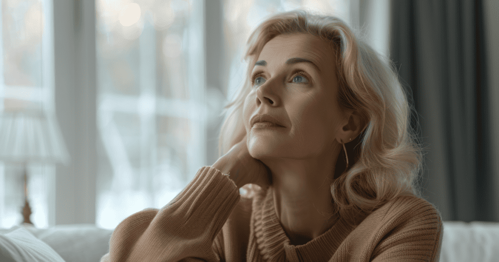 A woman rests her chin on her hand and gazes thoughtfully out a window, reflecting on reclaiming the parts of herself a narcissist tried to learn and use against her.