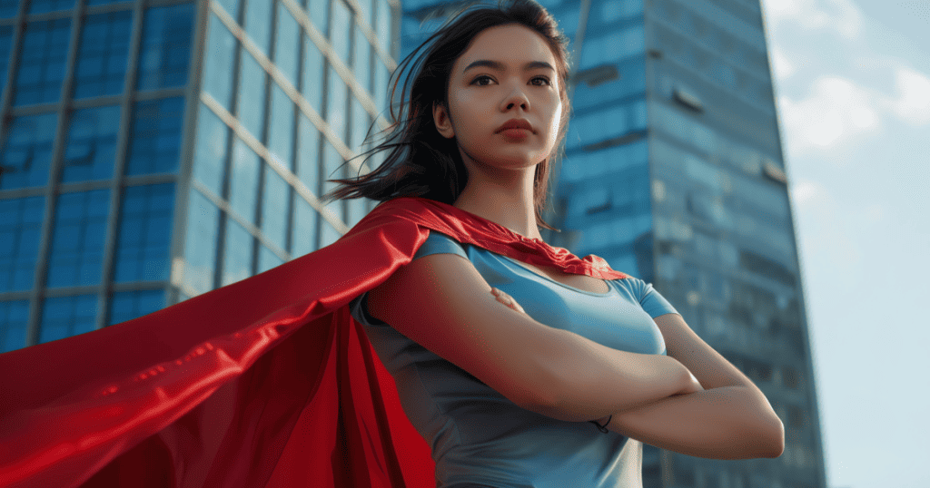 A young woman in a flowing red cape stands with crossed arms and a proud, distant gaze, illustrating how a narcissist cares more about being seen as the rescuer than about actually helping.
