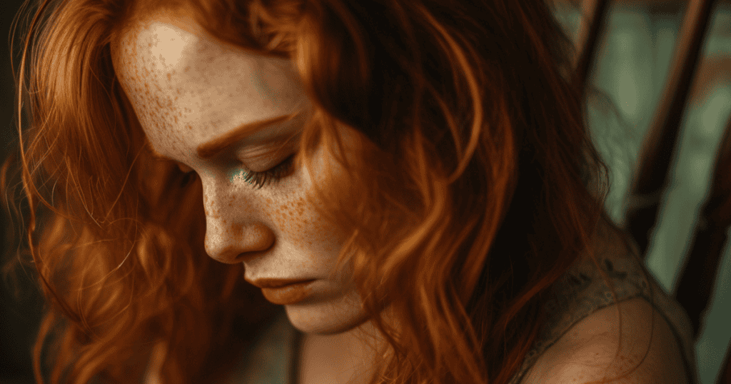 A red-haired woman lowers her gaze with a heavy, wounded expression, capturing the deep hurt left when a narcissist tells you that you’re worthless.