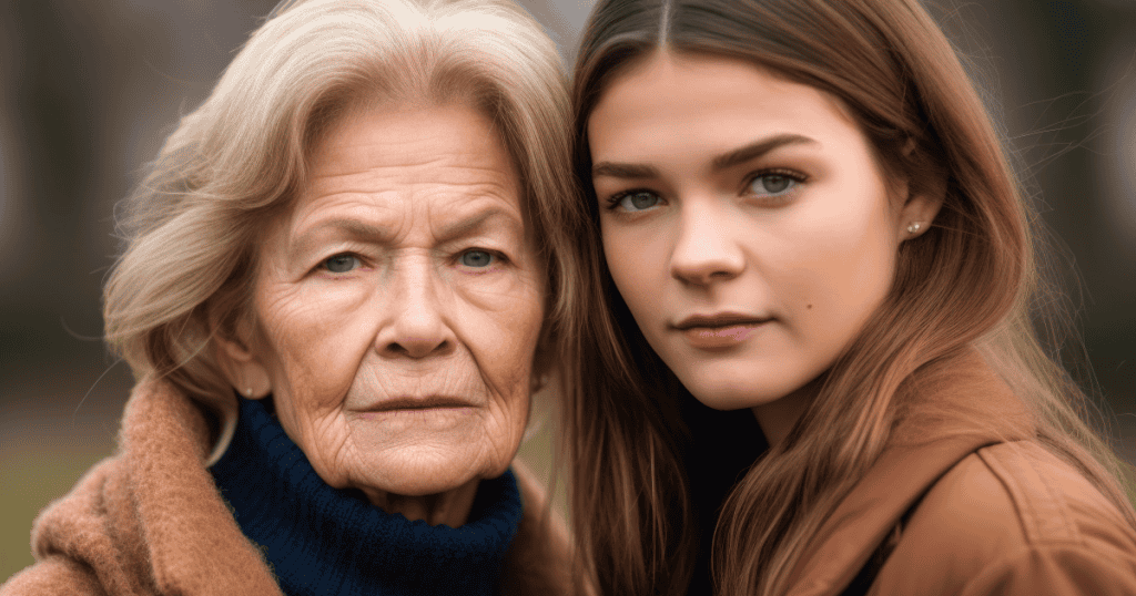 An older woman with a stern, resentful expression poses beside her youthful daughter, reflecting how a narcissistic parent competes with their child’s youth instead of celebrating it.