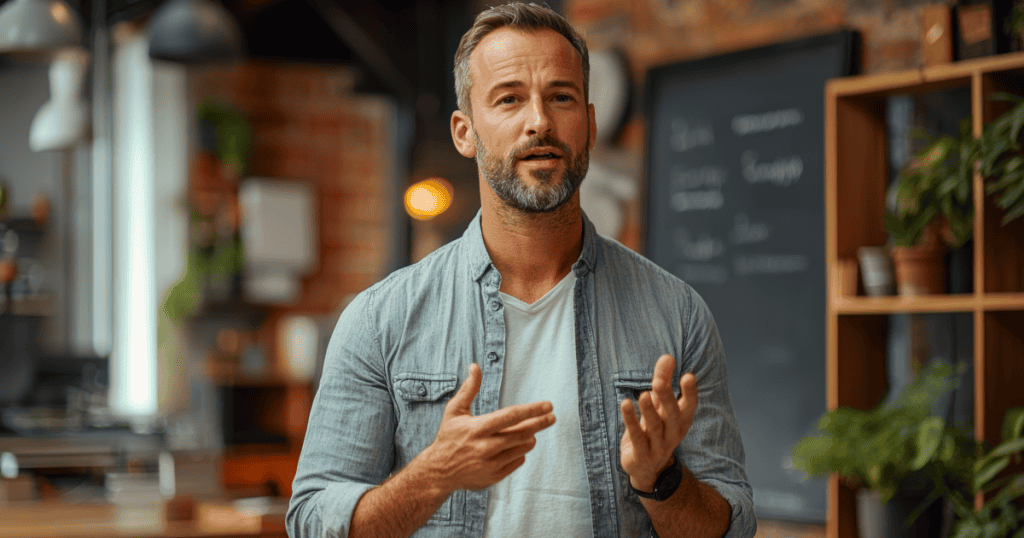 A man gestures confidently as he makes his case, illustrating how a narcissist claims that everyone else agrees with them to make their version of you seem like the truth.