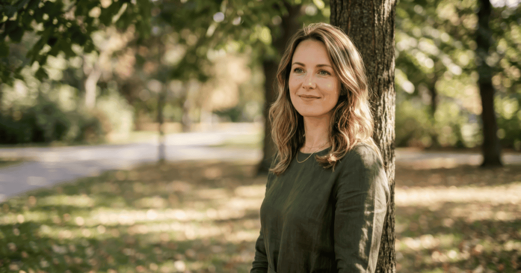 A woman stands calmly against a tree in a sunlit park with a quiet, confident smile, reflecting the strength that comes from naming a narcissist’s behavior and taking your power back.